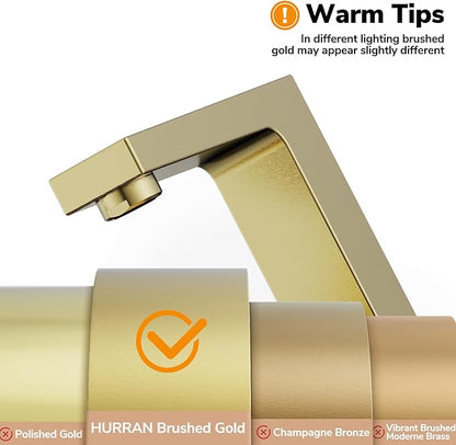 Bathroom Sink Faucet, Hurran 4 inch Brushed Gold Bathroom Faucets for Sink 3 Hole with Pop-up Drain and Supply Lines, Stainless Steel 2-Handle Faucet for Vanity RV Restroom