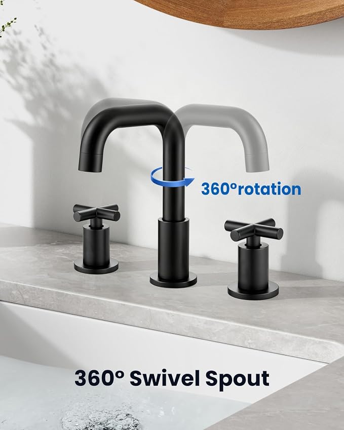 gotonovo Widespread 8 inch 3 Hole Bathroom Sink Faucet Matte Black | 2 Cross Handle Bathroom Faucet,SUS304,360° Swivel Spout,24’’ cUPC Hose,Pop Up Drain,6-16’’ Vanity,Sink,Lavatory,Basin,RV