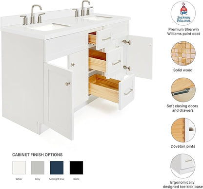 DKB Bradford 60" White Double Bathroom Vanity with Sink, 1.5" Edge Pure White Quartz Countertop, Rectangular Sinks, 2 Soft Closing Doors, 3 Dovetail Drawers, Brushed Nickel