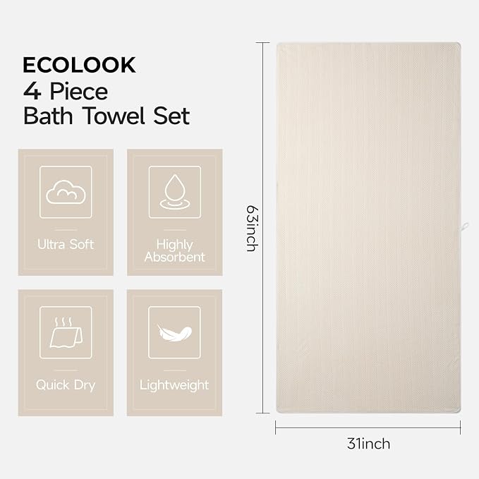 ecolook Microfiber Bath Towels Set of 2, 31 x 63 Inch Extra Large Bath Towel Set, Super Soft & Highly Absorbent, Quick Dry Lightweight Towels for Bathroom, Gym, Spa, Pool & Travel, Beige