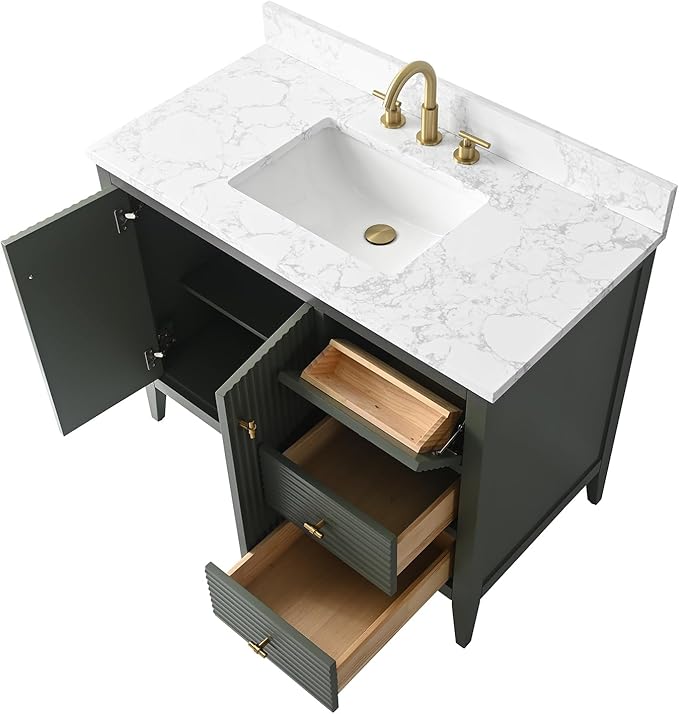 HOMEBEYOND 42" Bathroom Vanity with Sink, Solid Wood Bathroom Vanity Free-Standing Cabinet, Drawers, Ceramic Top & Soft Closing Door, Golden Brushed Handware, Vintage Green