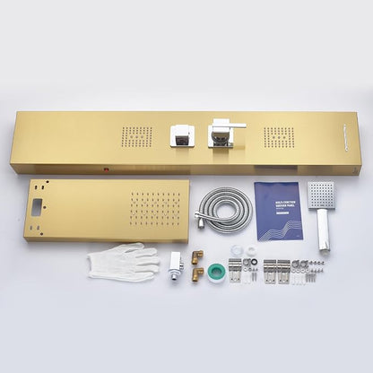5-in-1 LED Shower Panel Tower System Stainless Steel Gold | Rainfall head | 2 massage jets | Handheld shower | Tub spout | LED lights | Wall mount