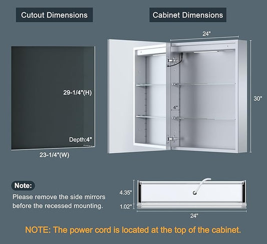 24x30 Inch Lighted Medicine Cabinet with Mirror, AL Alloy Frame, Plug-in or Hardwired, Recessed or Surface Mount, 3 Colors/Dimmable/Interior Sensor Light/Defog, 2 Outlets & USBs, 2 Shelves