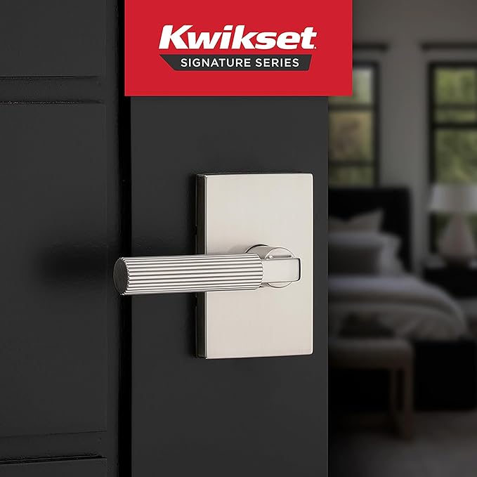 Kwikset Mirada Reeded Interior Privacy Door Handle with Lock, Handle for Bathroom and Bedroom, Satin Nickel, Reversible Keyless Push Button Lock, with Microban Protection