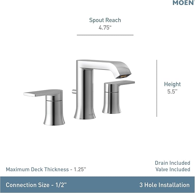 Moen Genta LX Two-Handle High Arc Widespread Bathroom Sink Faucet, for 3-Hole Setups, Valve Included, Chrome, TV6708