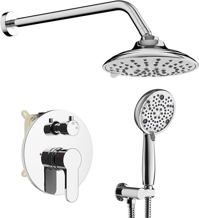 EMBATHER Shower Faucets Sets Complete with 3 Setting High Pressure Shower Head, Bathroom Wall Mounted Rainfall Shower Fixtures with 8-Mode Handheld Spray, Polished Chrome