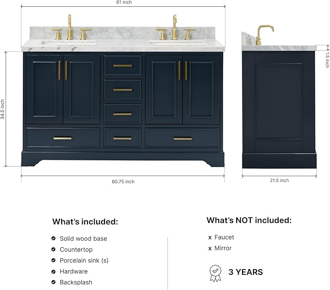ARIEL Stafford 60-inch Bathroom Vanity with Sink,Solid Wood, 1.5-inch Italian Carrara Marble Countertop, Double Rectangular Porcelain Sink, 4 Soft Closing Doors, 6 Dovetail Drawers, Midnight Blue