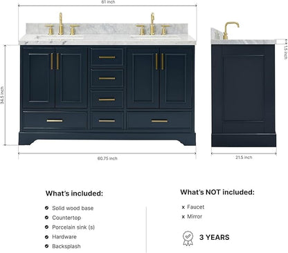 ARIEL Stafford 60-inch Bathroom Vanity with Sink,Solid Wood, 1.5-inch Italian Carrara Marble Countertop, Double Rectangular Porcelain Sink, 4 Soft Closing Doors, 6 Dovetail Drawers, Midnight Blue