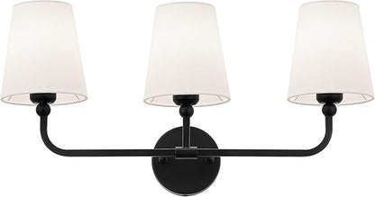 Bathroom Light Fixtures, Matte Black Vanity Lights with Flared White Fabric Shade, 3 Light Wall Sconce, Modern Sconces Wall Lighting for Hallway Bedroom, VL837-MB-3