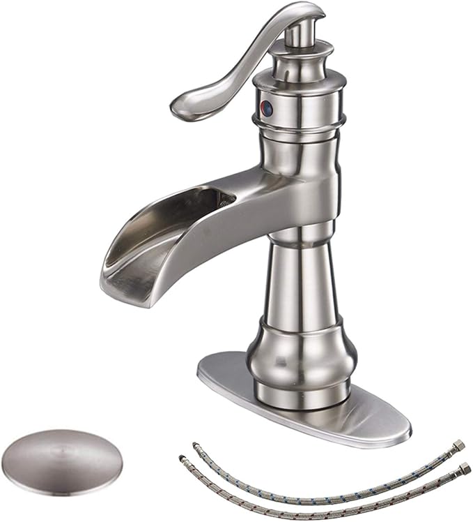 BWE Waterfall Bathroom Faucet Brushed Nickel with Pop Up Drain Parts Assembly and Supply Hose Rv Single-Handle Single Hole Vanity Lavatory Sink Commercial