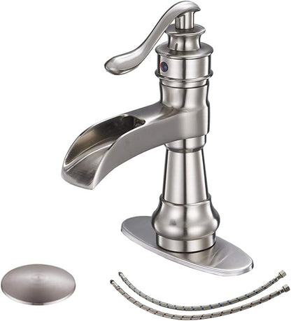 BWE Waterfall Bathroom Faucet Brushed Nickel with Pop Up Drain Parts Assembly and Supply Hose Rv Single-Handle Single Hole Vanity Lavatory Sink Commercial