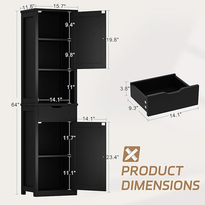 Shintenchi Tall Bathroom Storage Cabinet, Slim Corner Floor Cabinet with Doors and Drawer, Freestanding Narrow Bathroom Organizer with Adjustable Shelves for Small Space, Black