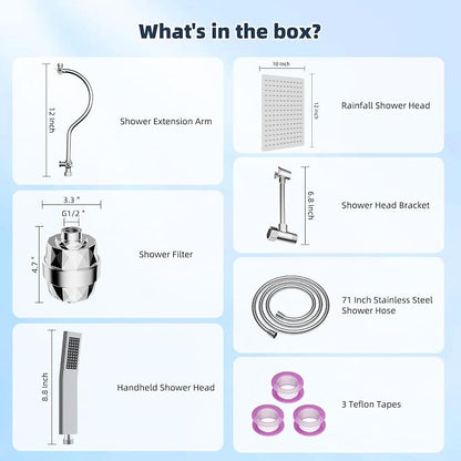Hibbent All Metal 12'' Filtered Rainfall Shower Head Combo, High Pressure Handheld Shower Wand, 12'' Adjustable Curved Extension Arm, 20 Stage Shower Filter, 71'' Hose, Shower Head Holders, Chrome