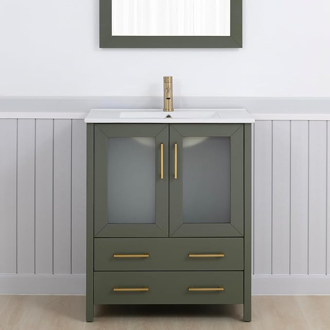 Vanity Art 30 Inch Under Mount Single Sink Bathroom Vanity Cabinet with 1 Mirror, Ceramic Top Bathroom Cabinet Compact Set with 2 Dovetail Storage Drawers and Golden Brushed Handles, VA3030-VG
