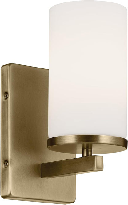 Crosby 4.5" 1-Light Wall Sconce with Satin Etched Cased Opal Glass in Natural Brass, for Bathroom, Powder Room, Hallway, Kitchen, Bedroom, Fireplace, (4.5" x 9.25"), 45495NBR