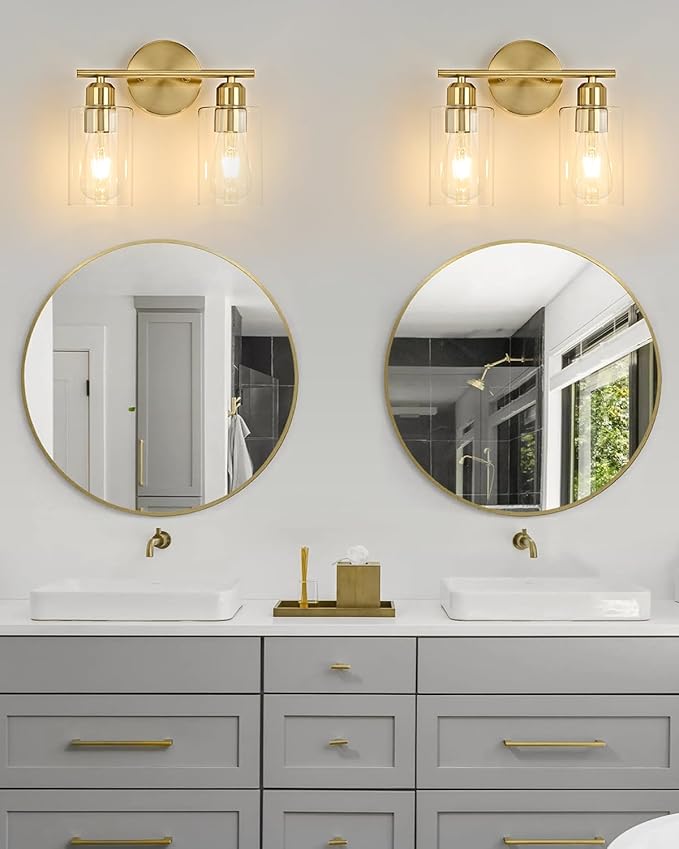 2-Light Bathroom Light Fixtures, Gold Bathroom Vanity Lights, Bathroom Lighting Fixtures Over Mirror with Clear Glass Shade, Wall Sconce Light for Bedroom, Living Room and Hallway