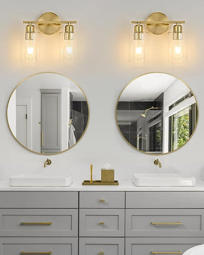 2-Light Bathroom Light Fixtures, Gold Bathroom Vanity Lights, Bathroom Lighting Fixtures Over Mirror with Clear Glass Shade, Wall Sconce Light for Bedroom, Living Room and Hallway