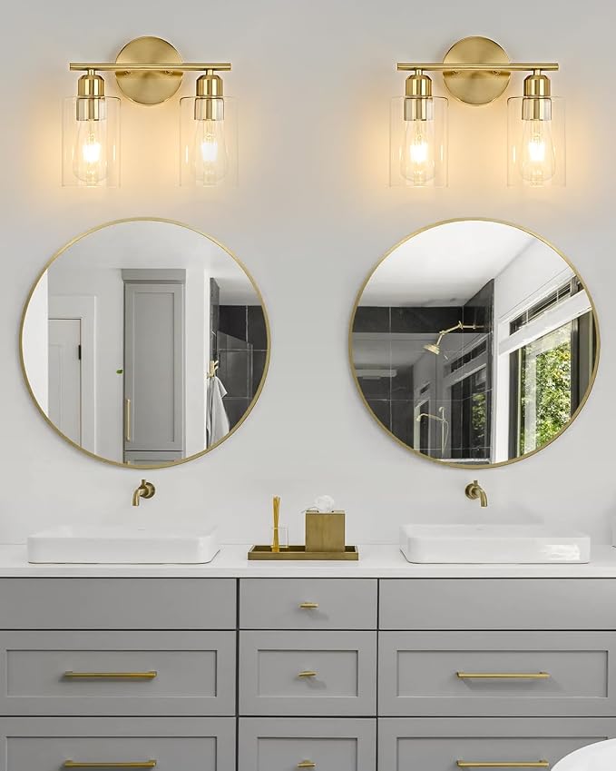 2Light Modern Vanity Lights - Gold, Clear Glass Shade, Wall Sconce for Bathroom & Bedroom, 2 Pack