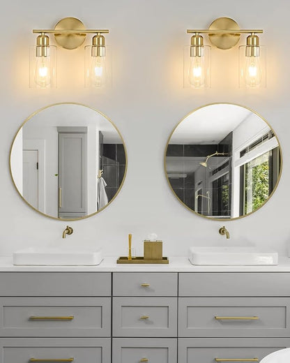 2Light Modern Vanity Lights - Gold, Clear Glass Shade, Wall Sconce for Bathroom & Bedroom, 2 Pack