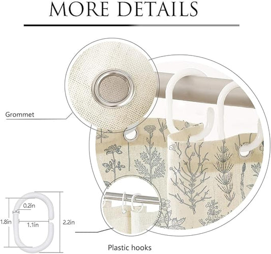Coxila Vintage Floral Linen Shower Curtain Blue Flower Retro Rustic Botanical Plant Country Farmhouse Cottage Wildflower Aesthetic Wildflower Spring Bathroom 72 x 72 Inch Fabric Cloth 12 Pack Hooks