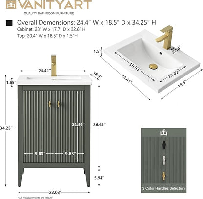 Vanity Art 24 inch Bathroom Vanity with Single Sink & Ceramic Top, Vanity Cabinet with Soft-Closing Door, Solid Wood Frame, Linear Pattern, Vintage Green, VA9124-VG-MB,Matte Black Handles