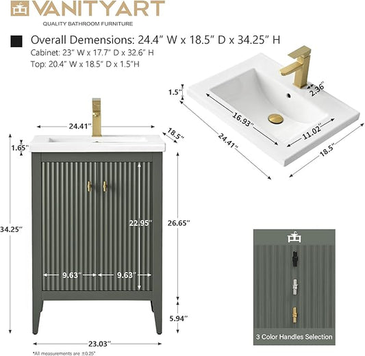 Vanity Art 24 inch Bathroom Vanity with Single Sink & Ceramic Top, Vanity Cabinet with Soft-Closing Door, Solid Wood Frame, Linear Pattern, Vintage Green, Golden Brushed Handware VA9124-VG-GB