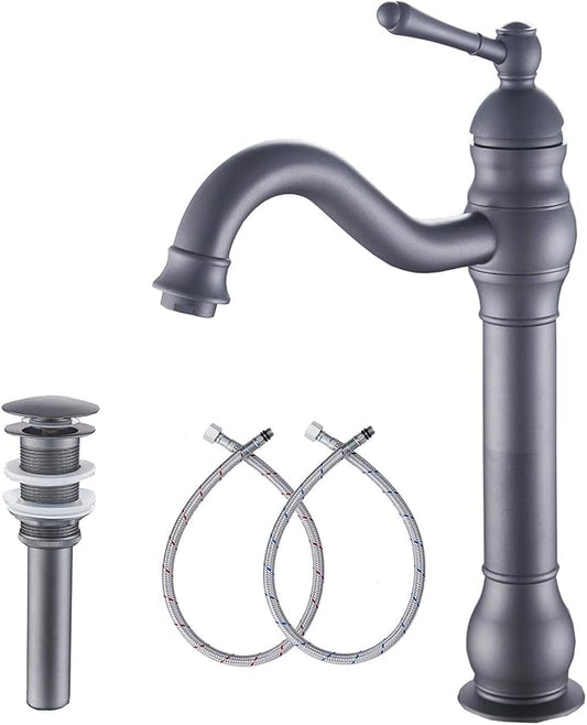 GGStudy Bathroom Faucet 360° Swivel Single-Handle One Hole Bathroom Vessel Sink Faucet Matching Pop Up Drain Grey Farmhouse Bathroom Vanity Faucet