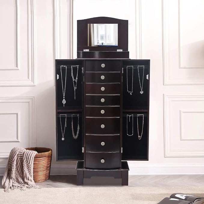 Standing Jewelry Armoire Cabinet Storage Chest with 8 Drawers, 2 Swing Doors, 16 Necklace Hooks, Makeup Mirror Storage Organizer, Large Standing Jewelry Armoire for Women(Brown)
