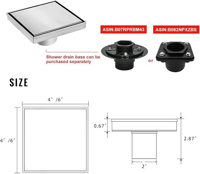 SaniteModar Shower Drain 4 inch Brushed with 2 in1 Tile Insert Cover | 304 Stainless Steel Brushed Square Shower Drain with Hair Catcher and Threaded Adapter