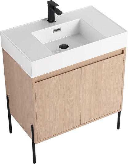 Crownpoint 30 Inch Bathroom Vanity with Sink, White Sink, White Oak Finish, Full Assembly Required, Elegant Bathroom Vanities for Modern Homes