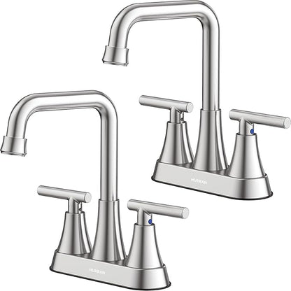 Bathroom Sink Faucet, Hurran 4 inch Brushed Nickel Bathroom Faucets for Sink 3 Hole with Pop-up Drain and Supply Hoses, 2-Handle Centerset Faucet for Vanity RV Farmhouse, 2 Pack