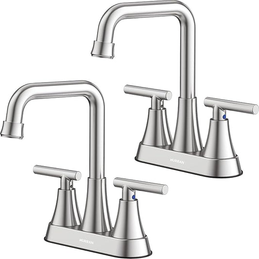 Bathroom Sink Faucet, Hurran 4 inch Brushed Nickel Bathroom Faucets for Sink 3 Hole with Pop-up Drain and Supply Hoses, 2-Handle Centerset Faucet for Vanity RV Farmhouse, 2 Pack