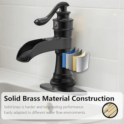 Matte Black Bathroom Faucet Waterfall Single Hole Bathroom Sink Faucet | Brass Single Handle Farmhouse RV Lavatory Vanity Faucet with Overflow Pop Up Drain by BATHLAVISH