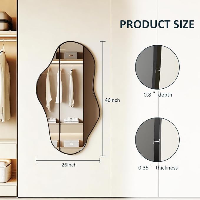 Irregular Full Length Mirror, 26"x46" Full Body Mirror with Metal Frame, Asymmetrical Mirrors for Entryway Bathroom Living Room Bedroom, Horizontal or Vertical Hanging