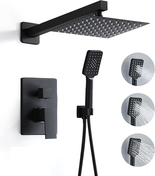 8 Inch Shower Faucet Set, Rainfall Shower System with High Pressure Handheld Shower Head, Bathroom Mixer Shower Set Wall Mounted Rough-in Valve and Trim Kit, Matte Black, with 3-Setting