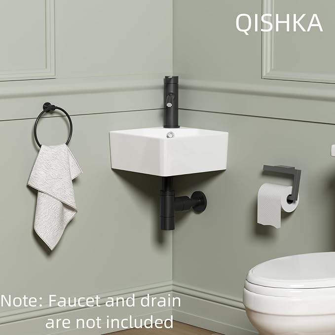 Wall Mount Corner Bathroom Sink, QISHKA 12" X 12" Square Floating Ceramic Wash Hand Basin Small White Wall Mount Vanity Sink with Single Faucet Hole and Overflow