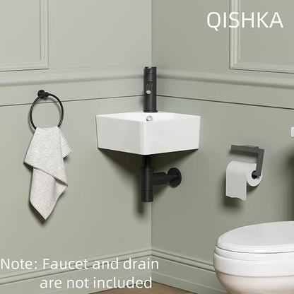 Wall Mount Corner Bathroom Sink, QISHKA 12" X 12" Square Floating Ceramic Wash Hand Basin Small White Wall Mount Vanity Sink with Single Faucet Hole and Overflow