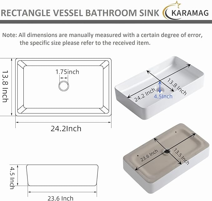 White Vessel Sink,Rectangle 24"x14" Bathroom Sink Above Counter Porcelain Ceramic Small Sink Bowl Ceramic Vessel Sinks for Bathrooms