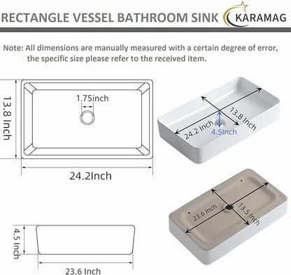 White Vessel Sink,Rectangle 24"x14" Bathroom Sink Above Counter Porcelain Ceramic Small Sink Bowl Ceramic Vessel Sinks for Bathrooms