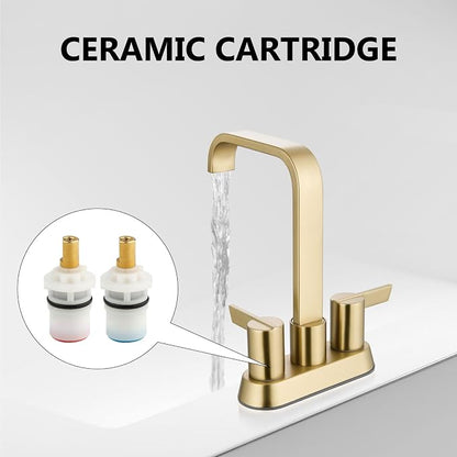 Brushed Gold Waterfall Bathroom Faucet 4 Inch Centerset,2-Handle | Stainless Steel 3-Hole Deck-Mount Design Includes Supply Lines and Pop-Up Drain for a Complete Vanity Installation
