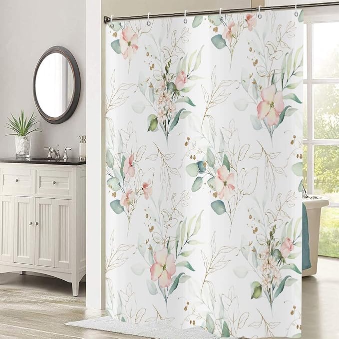 Spring Pink Floral Shower Curtain, Weighted Bottom Sage Green Eucalyptus Leaf Watercolor Botanical Plants with Gold Branches Fabric Bathroom Curtain Home Decor Waterproof Washable with 12 Hooks