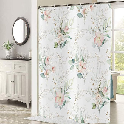 Spring Pink Floral Small Stall Shower Curtain, Weighted Bottom Sage Green Eucalyptus Leaf Watercolor Botanical Plants with Gold Branches Fabric Bathroom Curtain,36"X72"