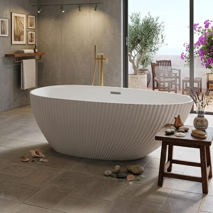 Freestanding Bathtub 59 Inch – Acrylic Free Standing Tub with Eggshell Design and Organic Lines, Chrome Overflow & Pop-Up Drain, Modern Soaking Tub for Bathroom