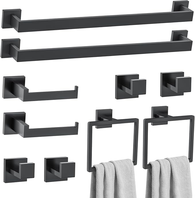 10-Piece Matte Black Bathroom Hardware Accessories Set Towel Bar Set for Bathroom 23.6 inch Towel Bar,Stainless Steel Wall Mounted Towel Holder