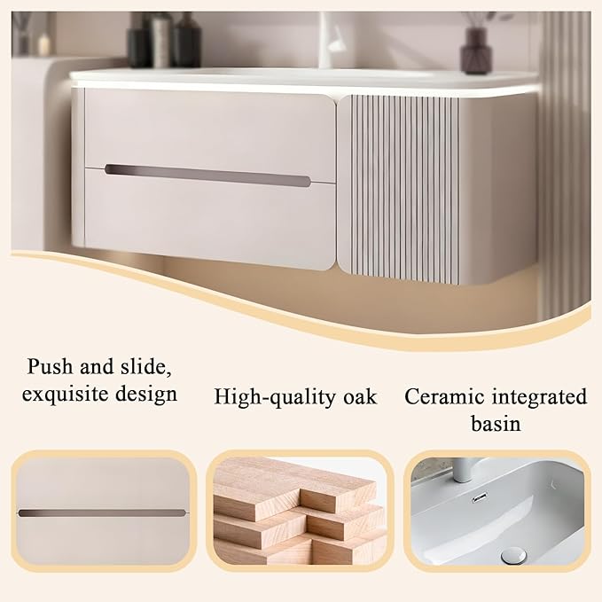 Modern wall mounted bathroom vanity, floating bathroom vanity with sink with double drawers, striped panel design, ceramic integrated basin, easy installation, suitable for small spaces (39.4in)