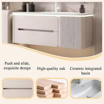 Modern wall mounted bathroom vanity, floating bathroom vanity with sink with double drawers, striped panel design, ceramic integrated basin, easy installation, suitable for small spaces (39.4in)