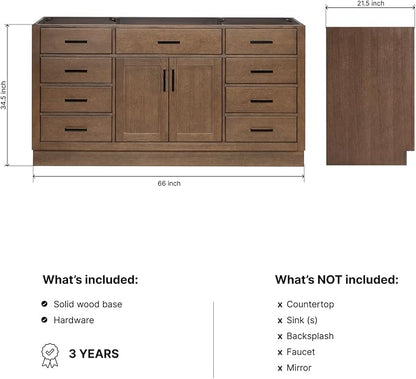 ARIEL Hepburn 66-inch Bathroom Vanity Base Cabinet,Solid Wood, 2 Soft Closing Doors, 9 Dovetail Drawers, Brown Oak