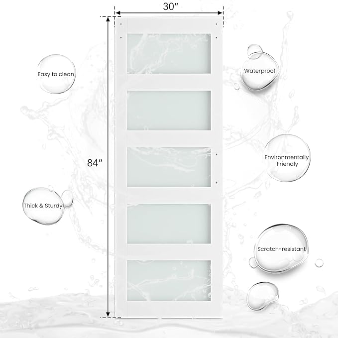 SMARTSTANDARD 30" x 84" Glass Barn Door with 5FT Hardware Kit Included | 5-Panel Glass, DIY Assembly Required, Waterproof PVC Coating, Pure White