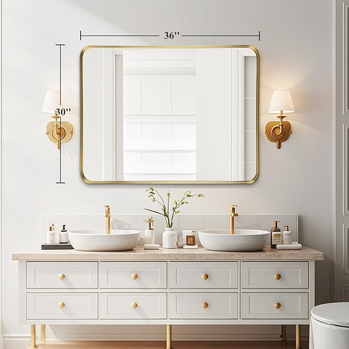 Fabuday Gold Bathroom Mirror - 30x36 Inch Over Sink Wall Mirrors for Bathroom, Rectangle Vanity Mirror for Bedroom, Living Room, Entryway, Horizontal or Vertical Hanging
