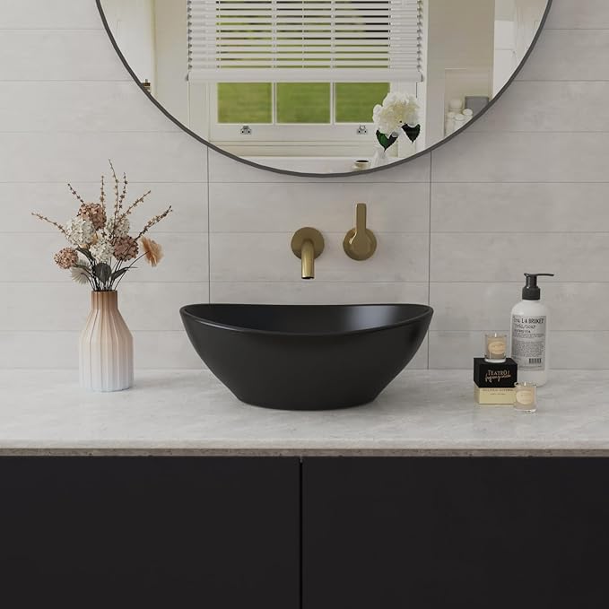 DeerValley DV-1V0011 Horizon Black Bathroom Sink, 16"x13" Oval Bathroom Vessel Sink Above Counter Vanity Ceramic Sink